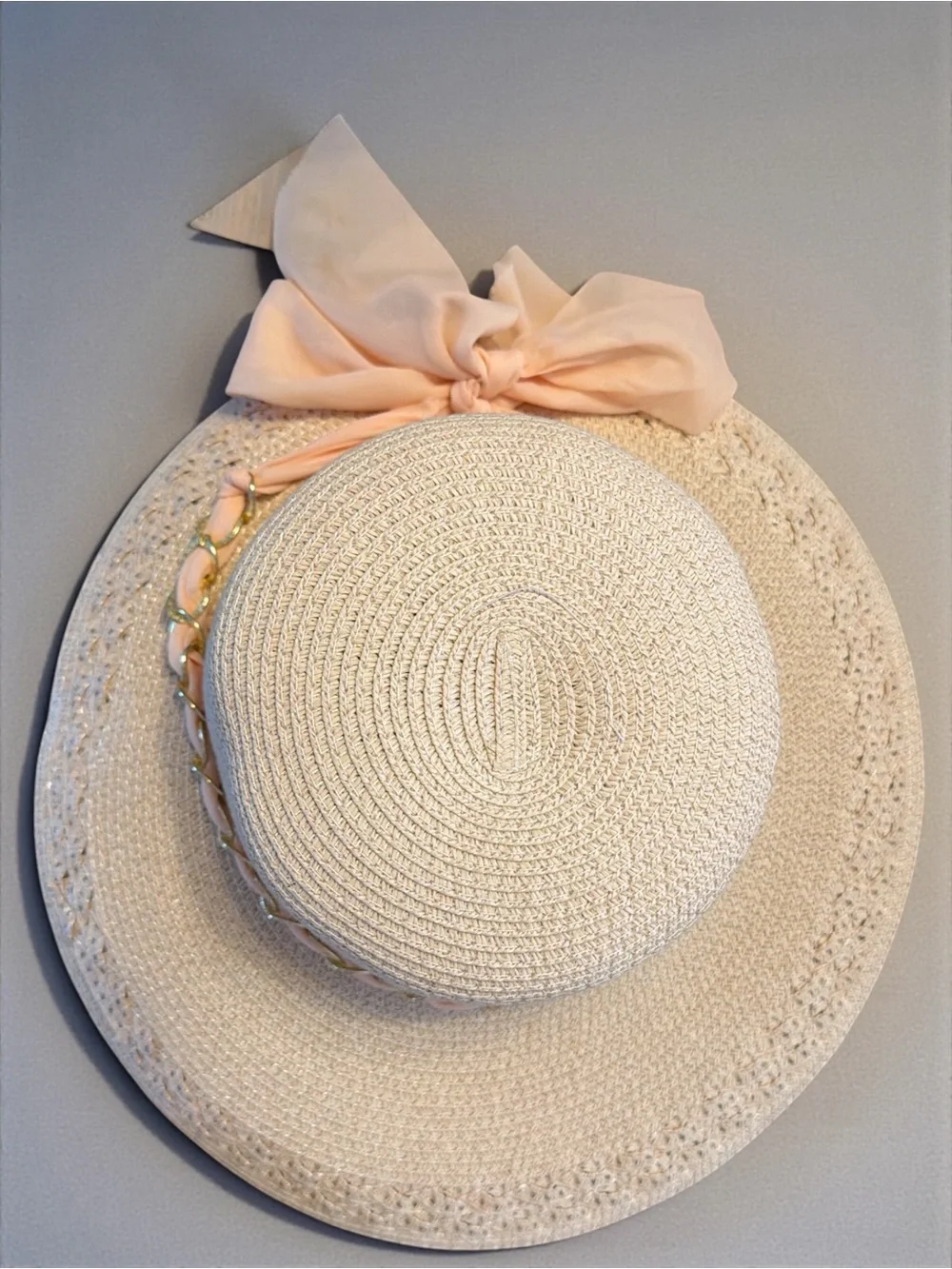 Boho Straw Sun Hat Peach Bow Gold Chain Wide Brim Beach Vacation Paper Hat